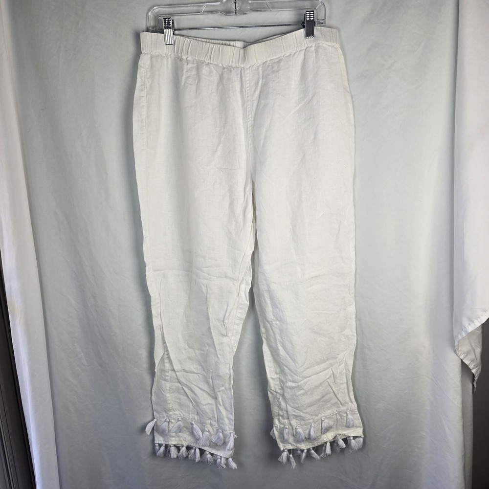 Rachel‎ Zoe 100% Linen Pants Large White Pull On Tassle Resort Vacation Coastal